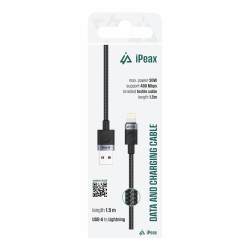 TEXTILNÍ KABEL USB-A/LIGHTNING 1,5M, USB 2.0 ČERNÝ