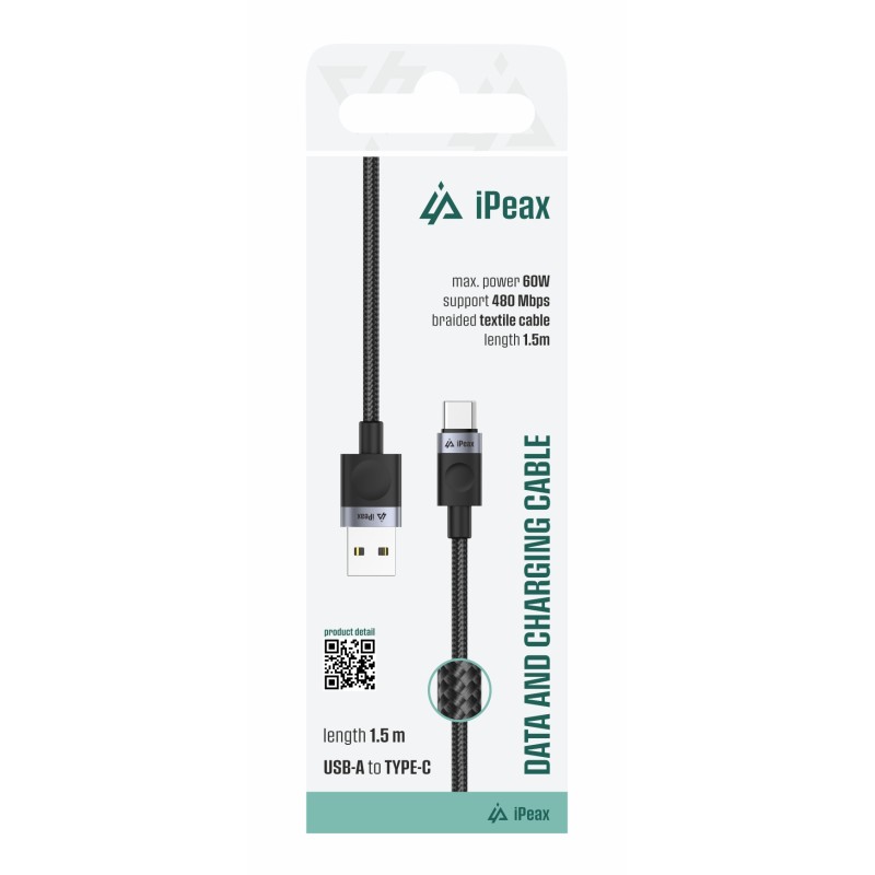TEXTILNÍ KABEL USB-A / USB-C 1,5M, USB 2.0 ČERNÝ
