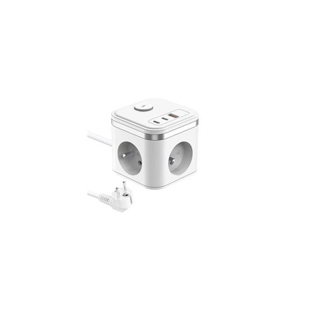Viking síťový adaptér YC33, 3x 230 V, 1x USB-A, 2x USB-C, tlačítko ON/OFF, délka 1,4 m, bílá