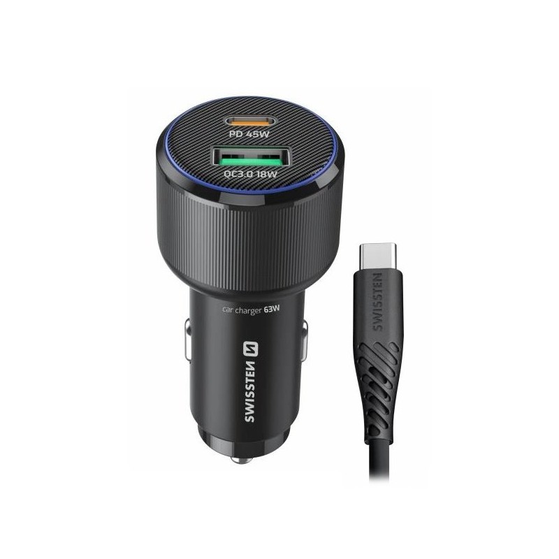 Swissten Cl Adaptér USB-C PD + USB-A, 63W Černý + Kabel USB-C / USB-C, 1 M