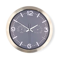 Nedis CLWA5226SS - Nástěnné hodiny | Průměr: 300 mm | Nerezová Ocel | Tichý pohyb | Teploměr | Vlhkoměr | Kov / Šedá