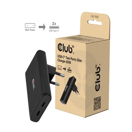 Club3D cestovní nabíječka 65W GAN Technologie, 2 porty (2xUSB-C), PPS, PD 3.1