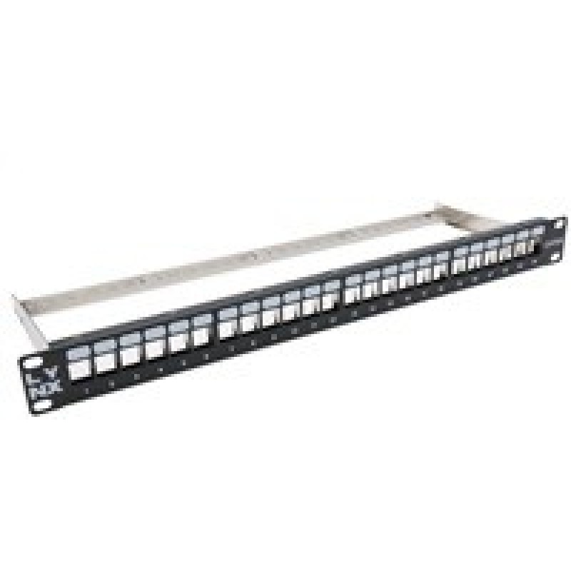 BAZAR - LYNX Patch panel, 19'', 24 portů, 1U, Cat5e/6/6A/7, neosazený, stíněný, vyvazovák, černý - POŠKOZENÝ OBAL