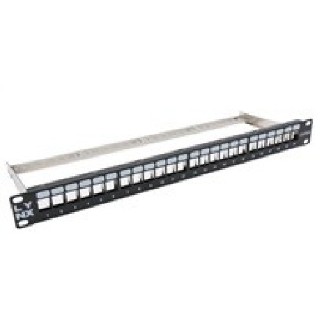 BAZAR - LYNX Patch panel, 19'', 24 portů, 1U, Cat5e/6/6A/7, neosazený, stíněný, vyvazovák, černý - POŠKOZENÝ OBAL