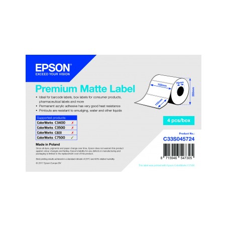 Premium Matte Label - Die-cut Roll: 102mm x 152mm, 800 labels