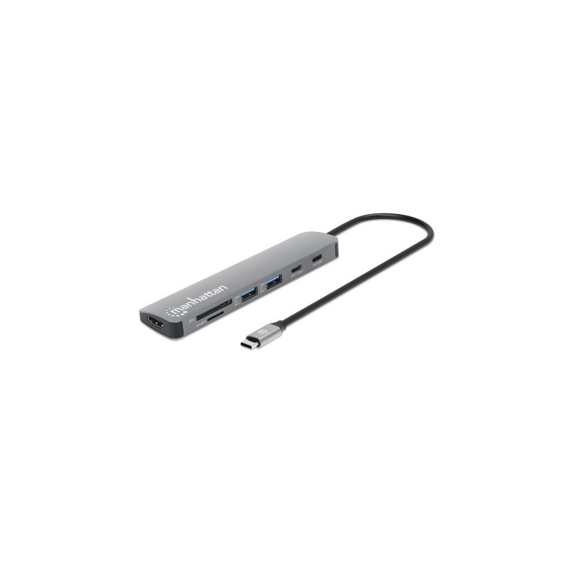 MANHATTAN Dokovací stanice USB-C 7v1, 1xHDMI, 2xUSB-C, 2xUSB, čtečka SD karet, šedá