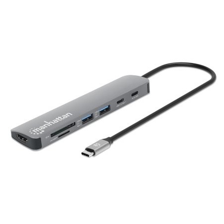 MANHATTAN Dokovací stanice USB-C 7v1, 1xHDMI, 2xUSB-C, 2xUSB, čtečka SD karet, šedá