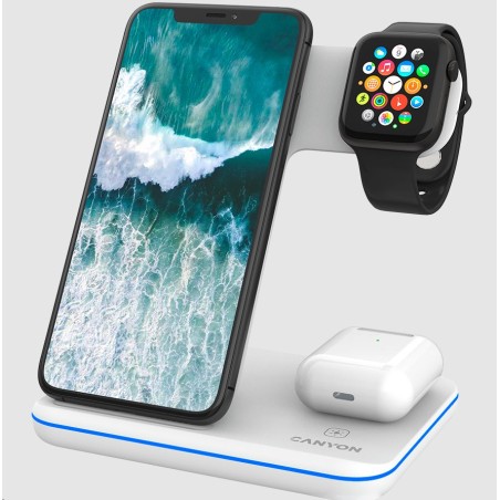 CANYON Bezdrátová nabíječka WS-303W,3v1,vstup 9V/2A,12V/2A,výstup 15/10/7.5/5W, USB-C USB-A, vč. AC adaptéru,bílá