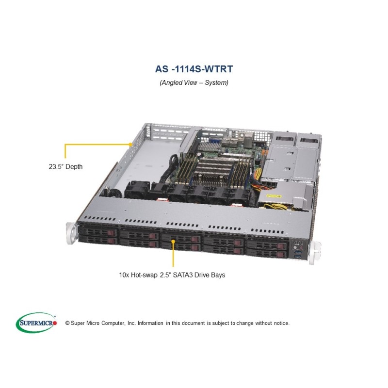 SUPERMICRO A+ Server 1U 1x SP3, 8x DDR4, 10x 2,5" (2xNVMe opt.), 2x500W(plat), 2x10GbE, IPMI