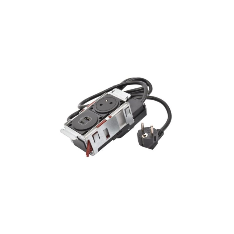 Legrand - Incara™ Disq'In - Zapuštěný zásuvkový blok 2P+T/USB A+C, černá, kabel 2m, bez rámečku!