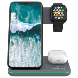 CANYON Bezdrátová nabíječka WS-303DG,3v1,vstup 9V/2A,12V/2A,výstup 15/10/7.5/5W, USB-C USB-A, vč. AC adaptéru,šedá