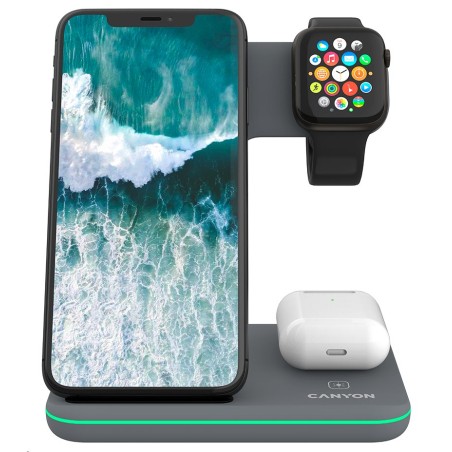 CANYON Bezdrátová nabíječka WS-303DG,3v1,vstup 9V/2A,12V/2A,výstup 15/10/7.5/5W, USB-C USB-A, vč. AC adaptéru,šedá