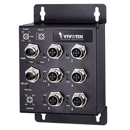 4x10/100 M12 4-pin D-kód PoE (802.3af/at, PoE budget 120W, 30W per port) + 2x10/100 M12 4-pin D-kód, 1x M12 5-pin A-kód