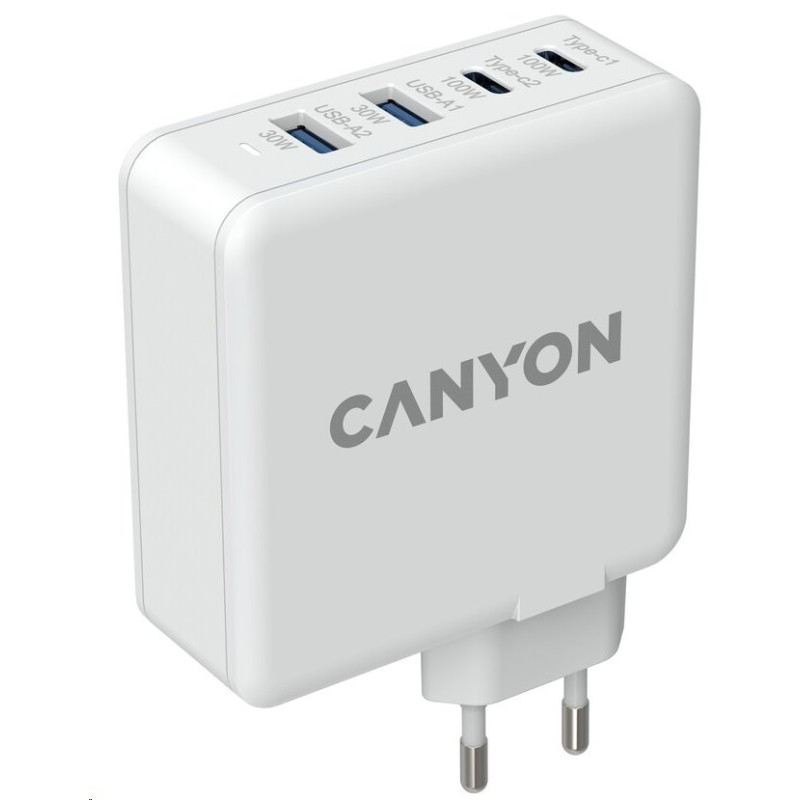 CANYON síťová rychlonabíječka GaN, H-100 (100W), vstup 100-240V, výstup USB-C1/C2 5-20V, USB-A 1/A2 4.5-20V