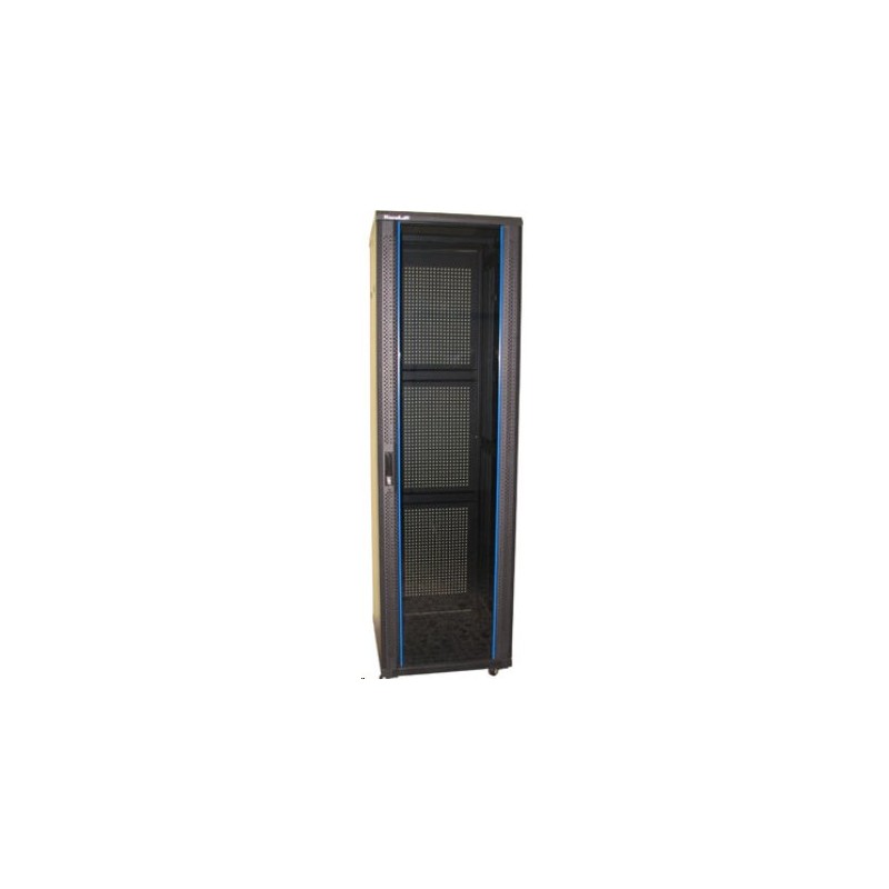Rozvaděč 19" 42U 600x800 stojanový, rozebíratelný, perforované skleněné dveře, černý