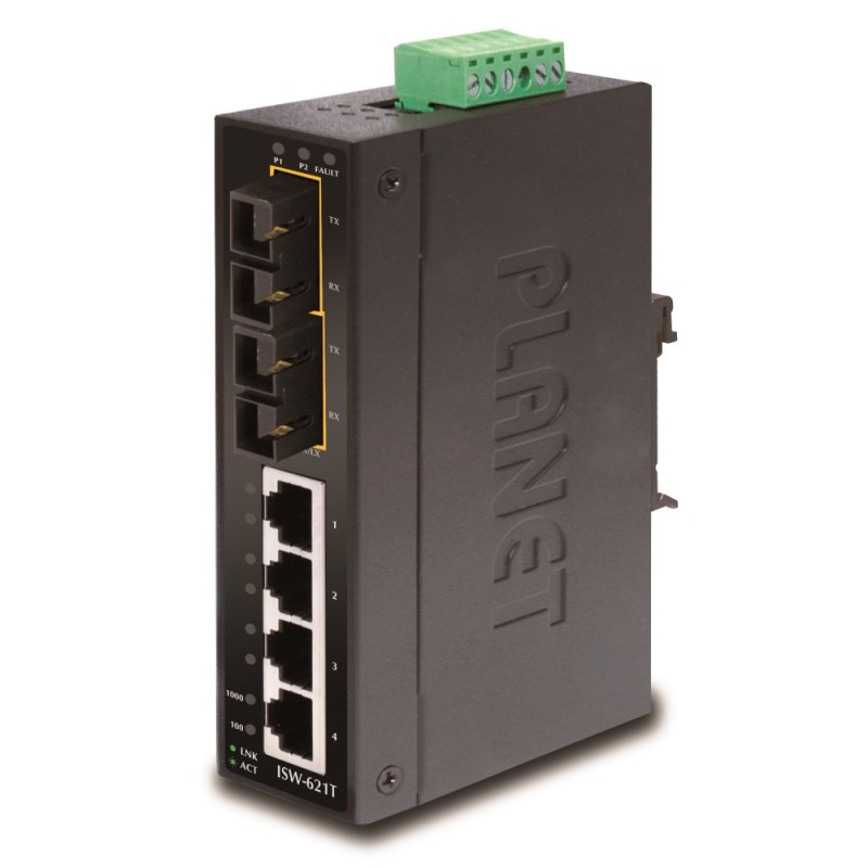 Planet switch ISW-621T, průmysl.verze 4x10/100+2x100BaseFX (SC) MM 2km, DIN, IP30, -40 až 70°C, 12-48V