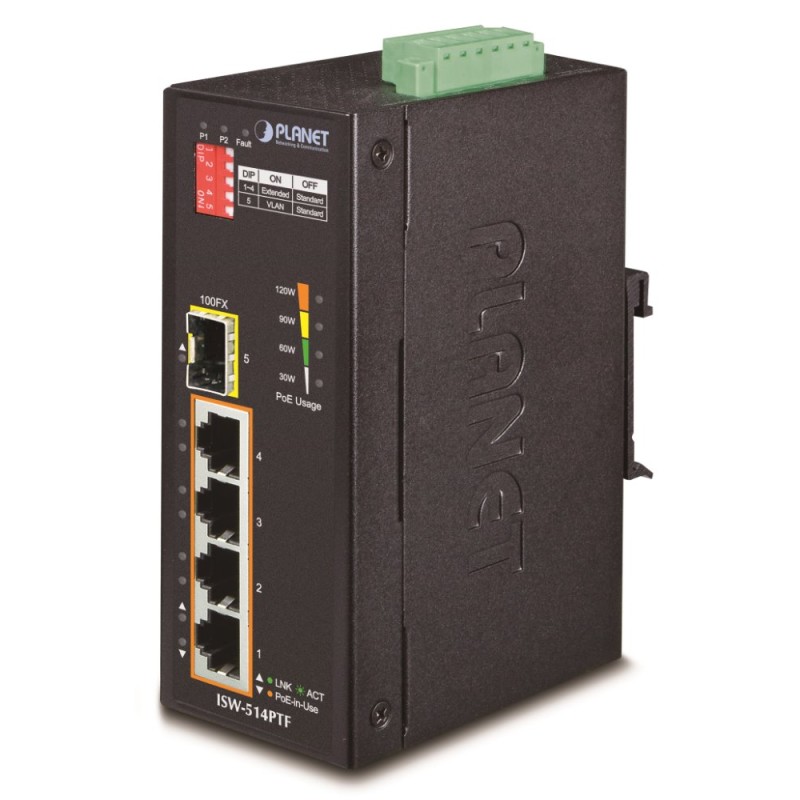 Planet switch ISW-514PTF, průmysl.verze 4x10/100+1x100BaseFX (SFP), DIN, IP30, -40 až 70°C, 12-48V