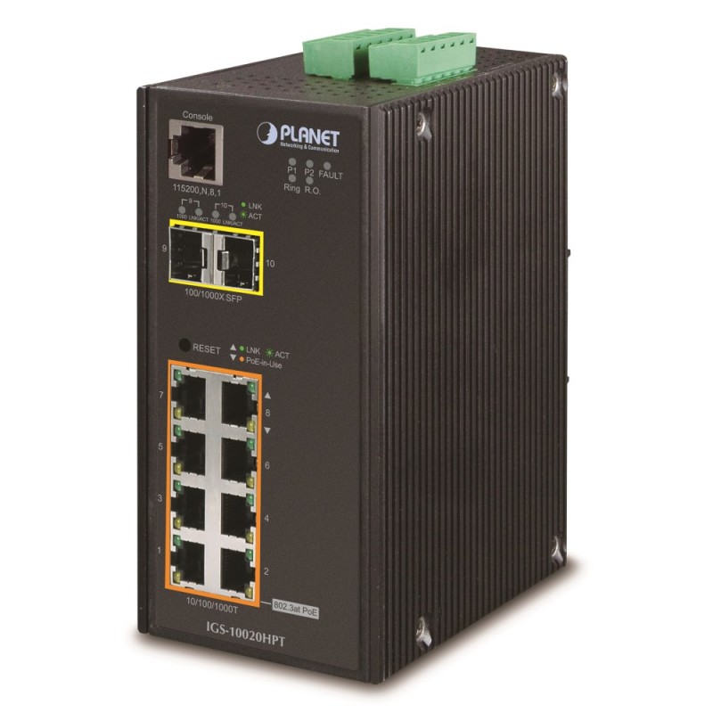 Planet IGS-10020HPT PoE switch 8x 1000Base-T, 2x SFP, 802.3at 270W, IP30, -40 až 75°C, SNMP, IGMPv3, IPv6