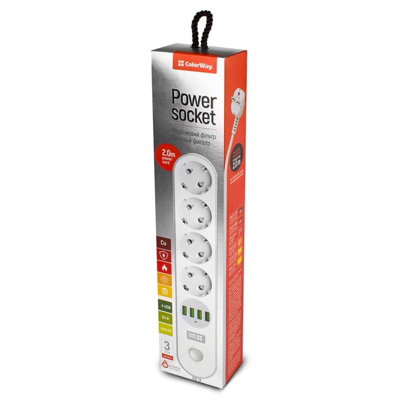 COLORWAY Prodlužovací napájecí přívod/ 4x Schuko/ 4x USB 5V / kabel 2m