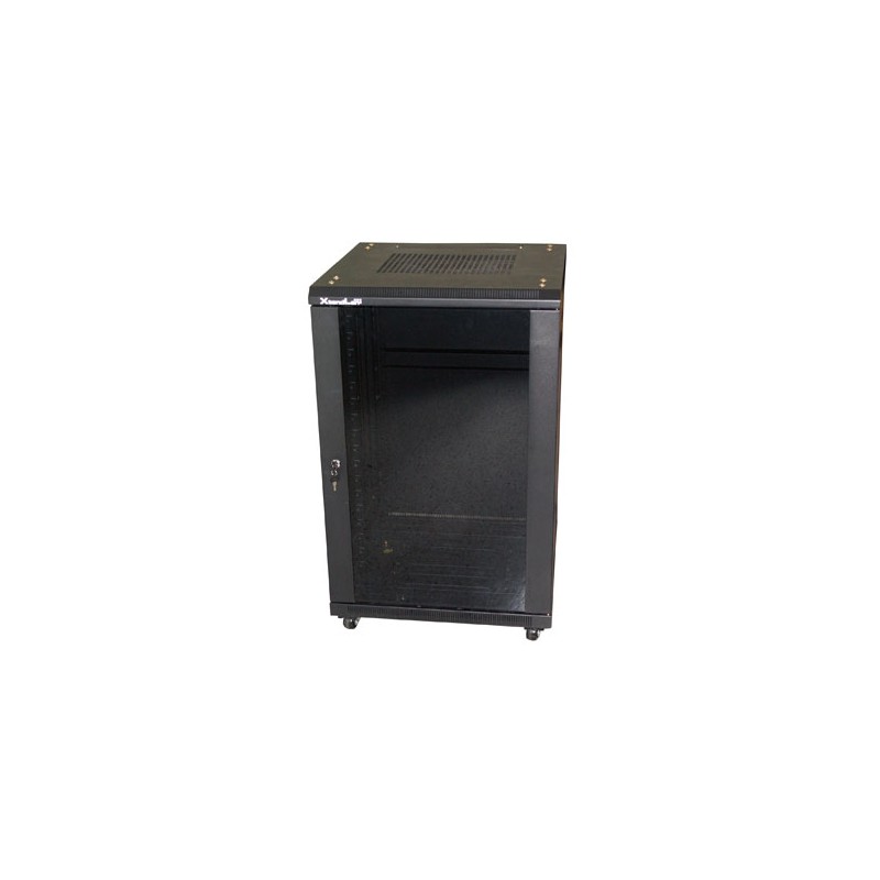 Rozvaděč, 19", stojanový, výška 22U, 600x600, skleněné dveře, kouřové sklo, plná záda, perforovaný horní a spodní kryt,