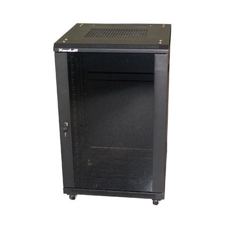 Rozvaděč, 19", stojanový, výška 22U, 600x600, skleněné dveře, kouřové sklo, plná záda, perforovaný horní a spodní kryt,