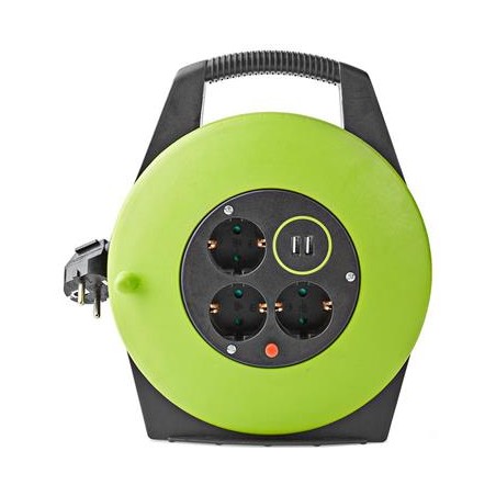 NEDIS kabelový buben/ 3x 1,5 mm2/ 3x zásuvka/ tepelná elektrická pojistka/ Typ F/ USB/ zeleno-černá/ 10 m
