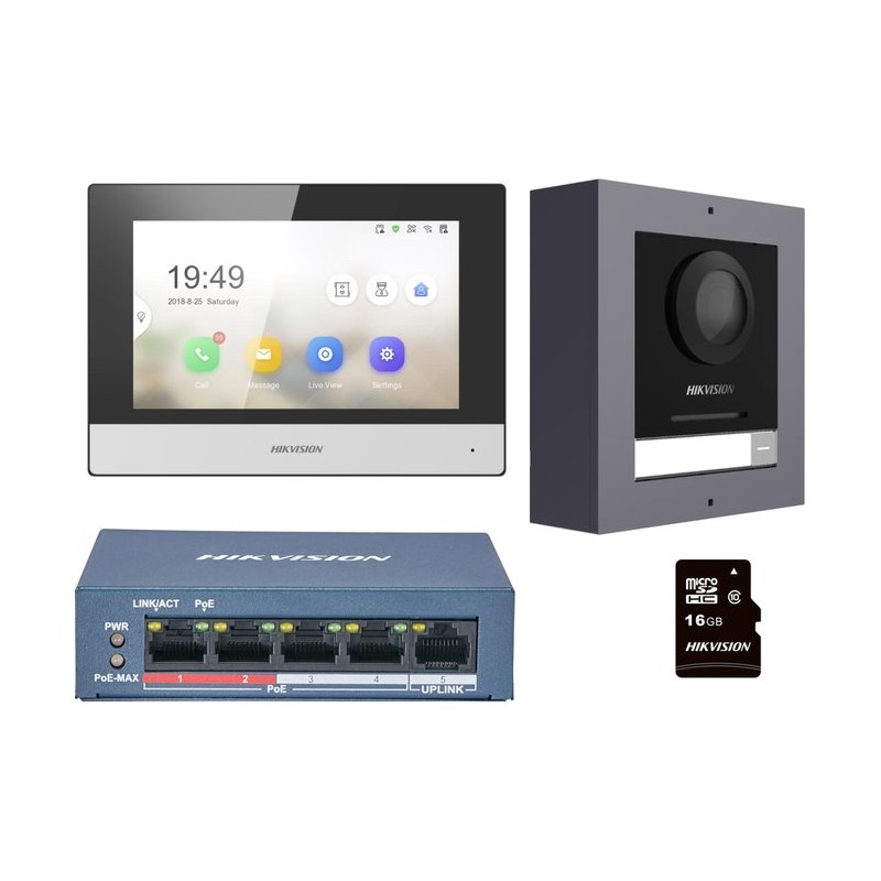 Hikviison Kit IP videotelefonu, bytový monitor + dverní stanice + switch + microSD