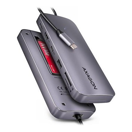 AXAGON HMC-6GM2, USB 10Gbps hub, USB-A, USB-C, HDMI, M.2 slot, SD/MicroSD, PD 100W, kabel 20cm