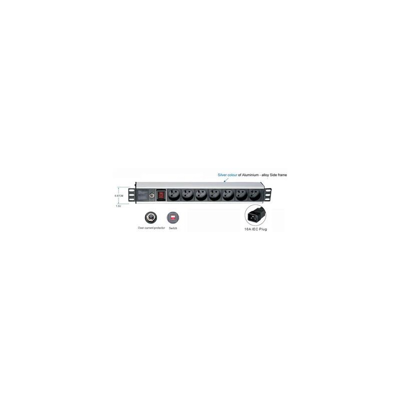 19" rozvodný panel 1,5U ,7x220V, koncovka IEC C19,16A
