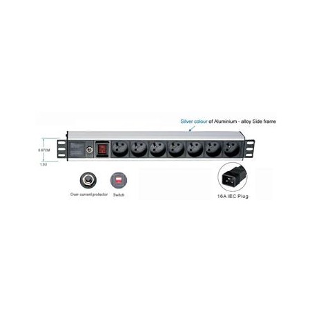 19" rozvodný panel 1,5U ,7x220V, koncovka IEC C19,16A