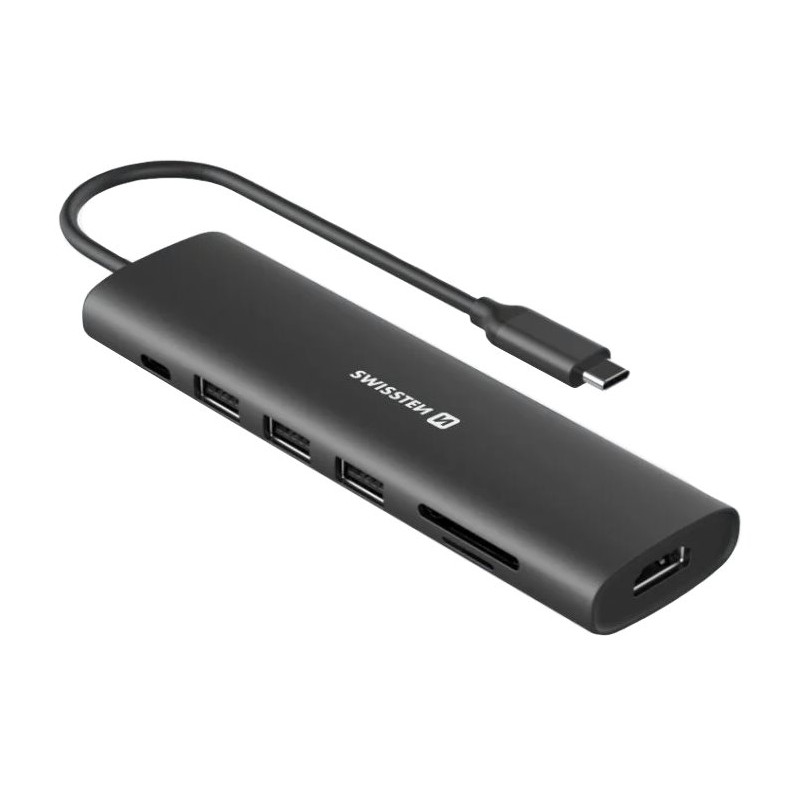 Swissten usb-c hub 7-in-1 (usb-c 100w, hdmi 4k, 1x usb-a 3.0, 2x usb-a 2.0, sd, micro sd) aluminium