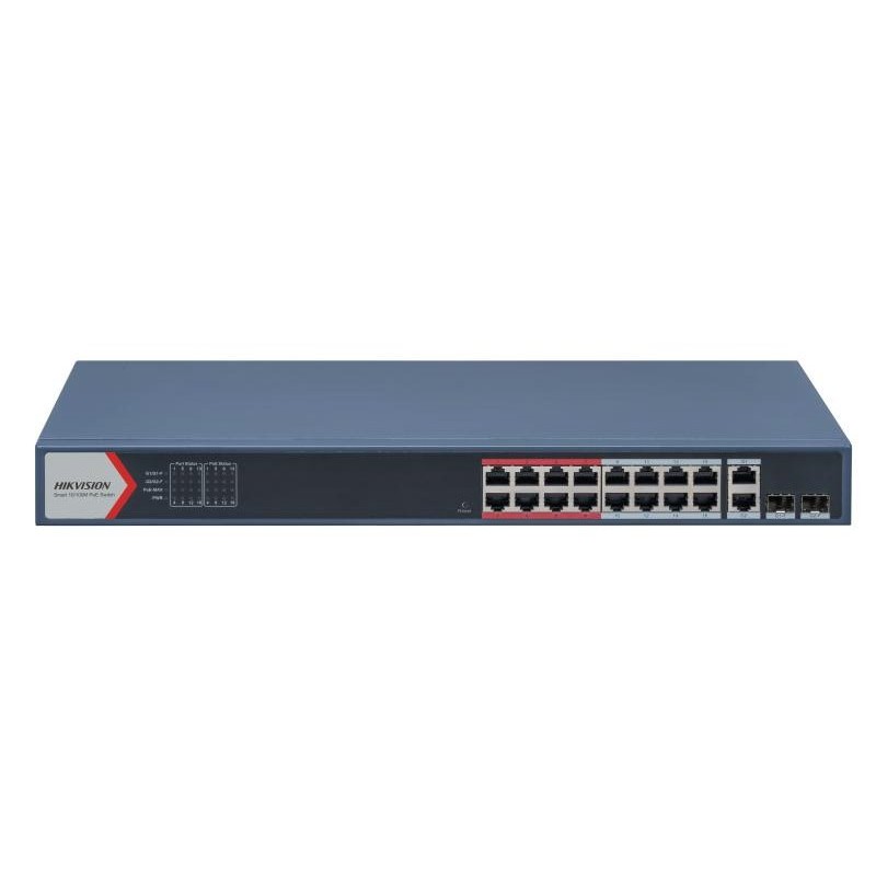 Hikvision Smart managed switch 16x100TX PoE + 2x Gb Uplink Combo port, 230W, Super PoE- dosah až 300m