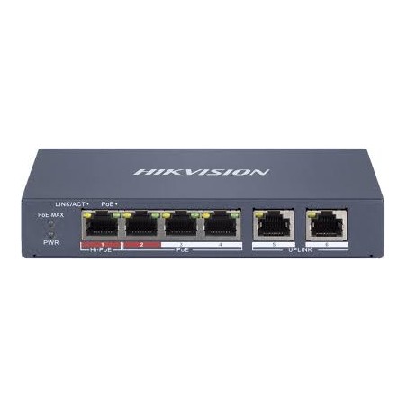 Hikvision DS-3E1106P-EI/M - Smart switch 4x 100TX PoE 2x 100TX uplink, 35W, Super PoE