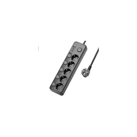 Viking síťová prodlužovací zásuvka YC53S, 5x AC 230V, 1x USB-A, 2x USB-C, tlačítko ON/OFF, délka 1,5 m, černá