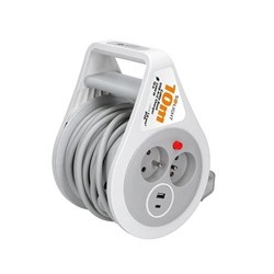 Solight prodlužovací přívod na bubnu 10m, USB A+C, 2 zásuvky, šedý kabel, 3x 1,0mm2