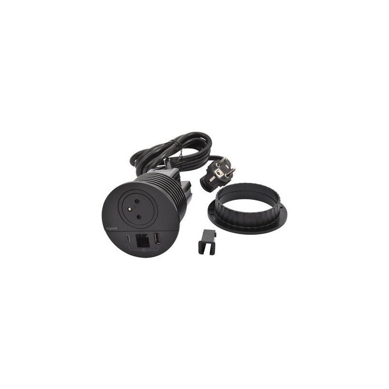 Legrand - Incara™ Disq 80 - Zapuštěná zásuvka 2P+T/USB A+C, kabel. vývod, černá, 2m