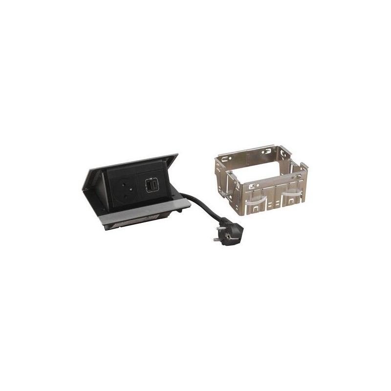 Legrand - Incara™ Pop-up - Osazená krabice do nábytku 2P+T/USB A+C (15W), broušený hliník kabel 2m