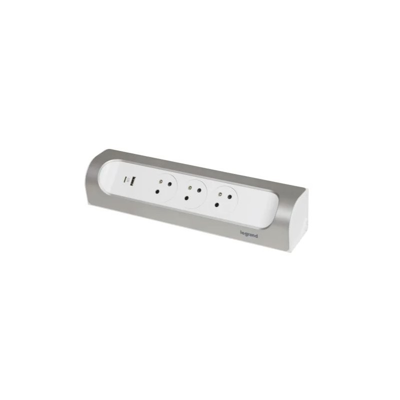 LEGRAND Revolution zásuvkový blok rohový 3x2P+T/USB A+C, bez kabelu, bílá-hliník