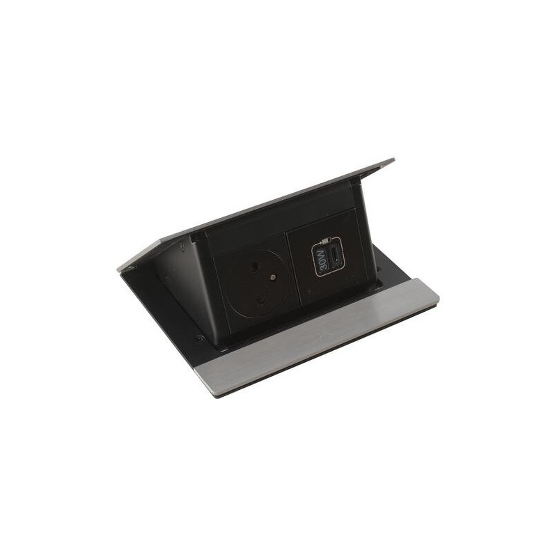 Legrand - Incara™ Pop-up - Osazená krabice do nábytku 2P+T/USB-C (30W PD), broušený hliník, kabel 2m