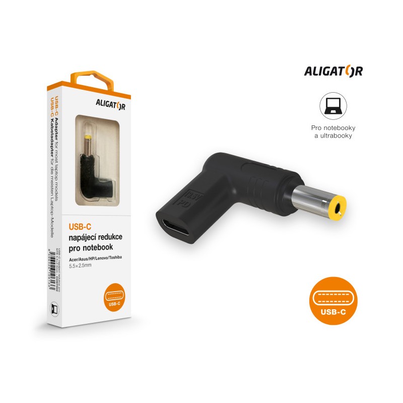 Aligator USB-C napájecí redukce 5,5x2,5 mm pro notebooky Acer/Asus/HP/Lenovo/Toshiba