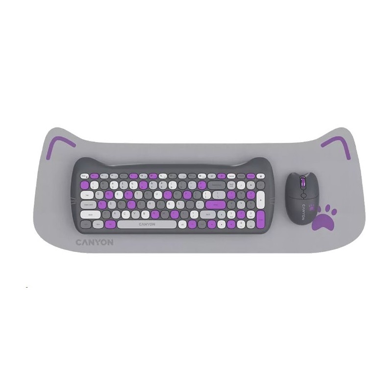 CANYON Kitty edice HSET-W6, bezdrátový SET CS klávesnice + optická myš + ochranné pouzdro + podložka, šedofialová