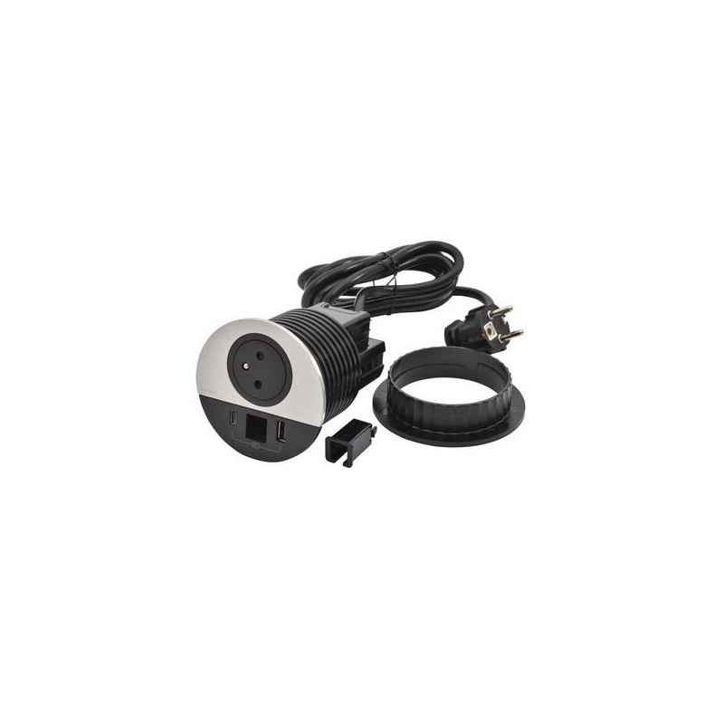Legrand - Incara™ Disq 80 - Zapuštěná zásuvka 2P+T/USB A+C, kabel. vývod, černá/kov, 2m