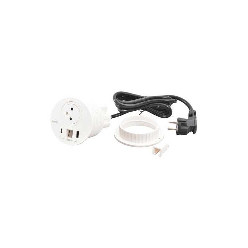 Legrand - Incara™ Disq 80 - Zapuštěná zásuvka 2P+T/USB A+C, kabel. vývod, bílá, 2m