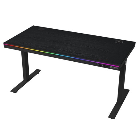 LORGAR stůl s nastavitelnou výškou, bezdrátovou nabíječkou, RGB osvětlením a USB porty, dřevěná deska, černý