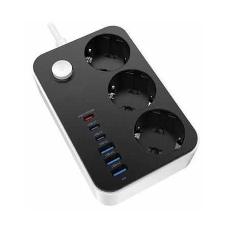 COLORWAY Prodlužovací napájecí přívod/ 3x Schuko/ 3x USB-C 20W/ 3x USB-A/ kabel 2m