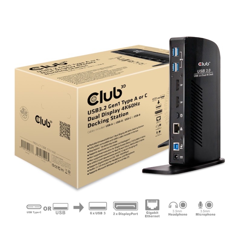 Club3D Dokovací stanice USB-A nebo USB-C Dual Display 4K60Hz (6x USB 3.0/2x DP/Ethernet/USB-B/2x audio)