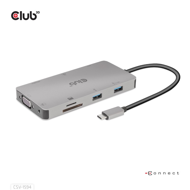 Club3D hub USB-C, 9-in-1 hub s HDMI, VGA, 2x USB Gen1 Type-A, RJ45, 100W PD