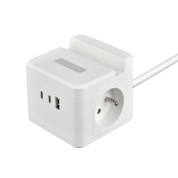 Síťový adaptér VIKING YC23H, bílá/Output:2xAC,1xUSB-A,2xUSB-C/držák na mobil/LED světlo/1,4m kabel