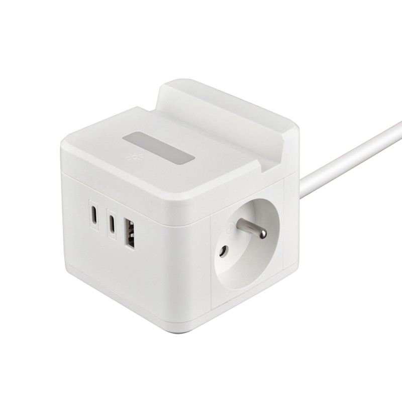 Síťový adaptér VIKING YC23H, bílá/Output:2xAC,1xUSB-A,2xUSB-C/držák na mobil/LED světlo/1,4m kabel