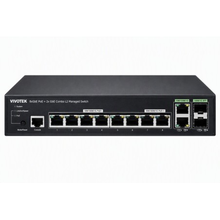 Vivotek AW-GEV-108A-130 Switch, 8× GE PoE + 2× GE/SFP Combo, 802.3af/at, PoE 130W, managed